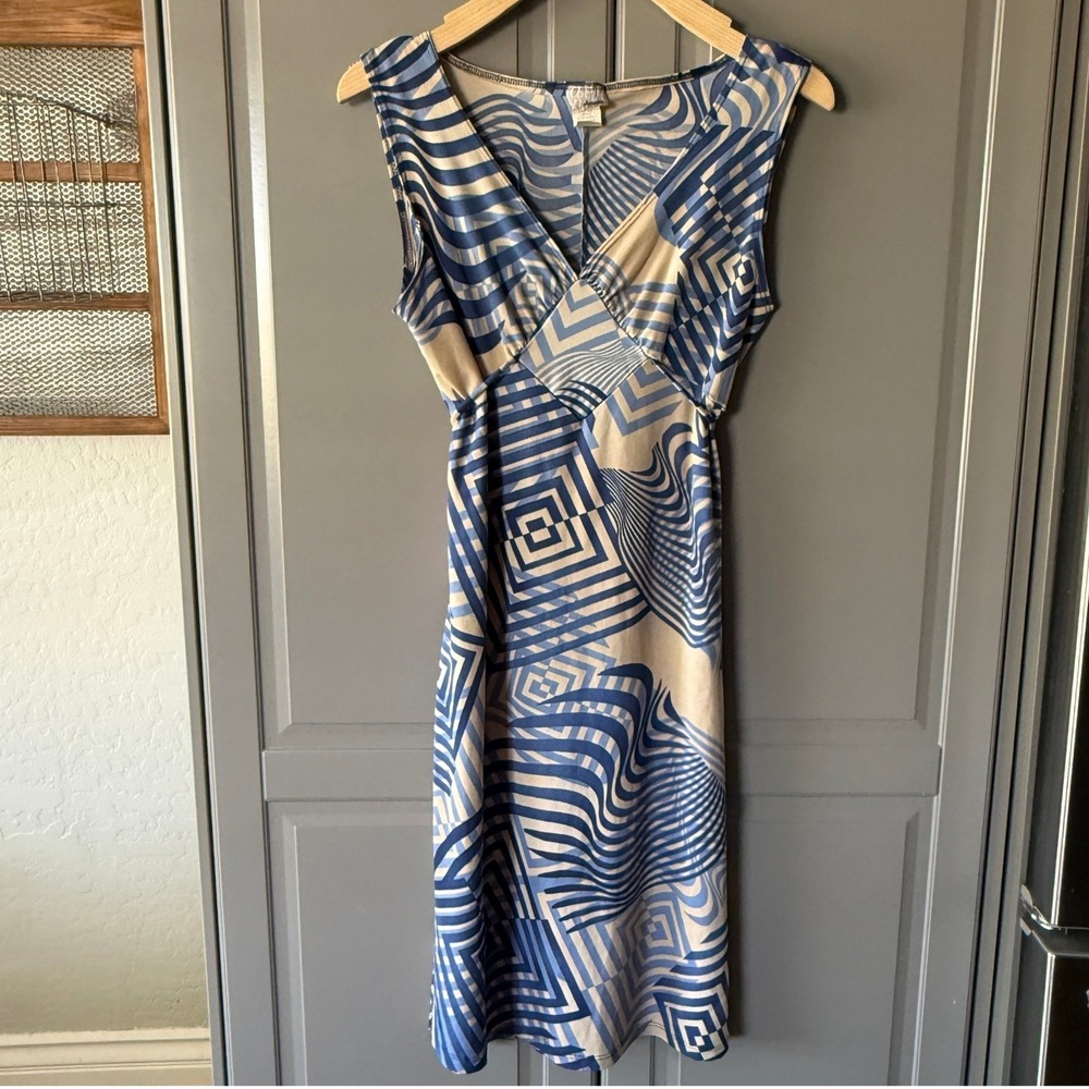 Janette Mod Geometric Illusion Empire Waist Tie Back Mini Dress,Blue,L